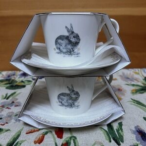 NEW Spode Meadow Lane Blue/Gray Bunny Rabbit Tea Cup Saucer 2-Set Spring Cottage